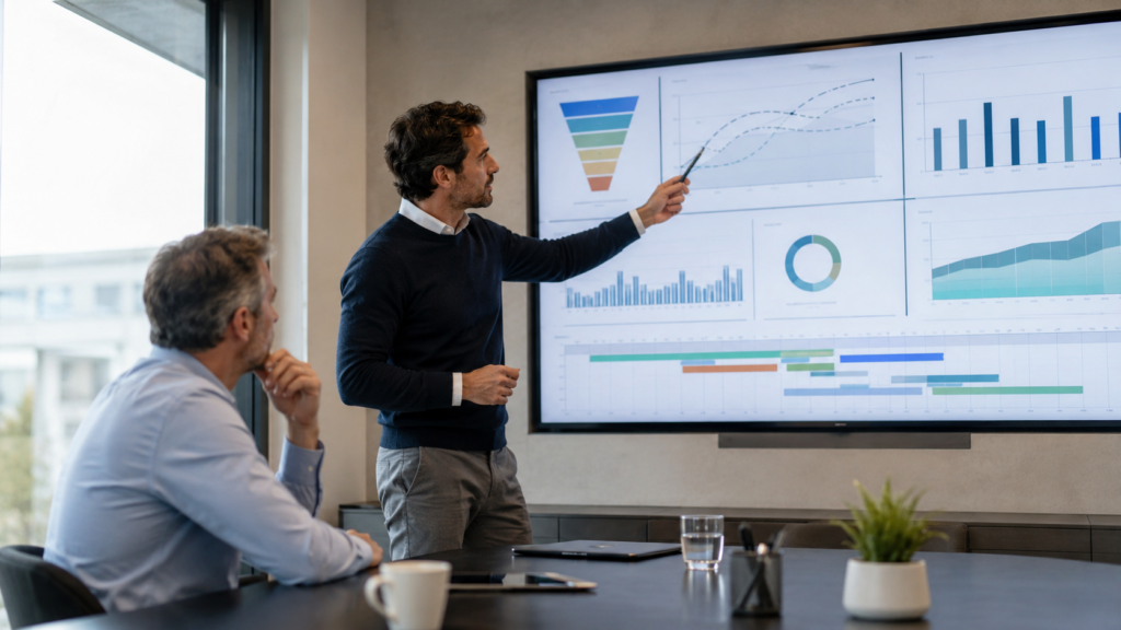 CEO e CFO di una PMI B2B analizzano forecast commerciale, pipeline di vendita, flussi di cassa e liquidità per pianificare una crescita sostenibile.