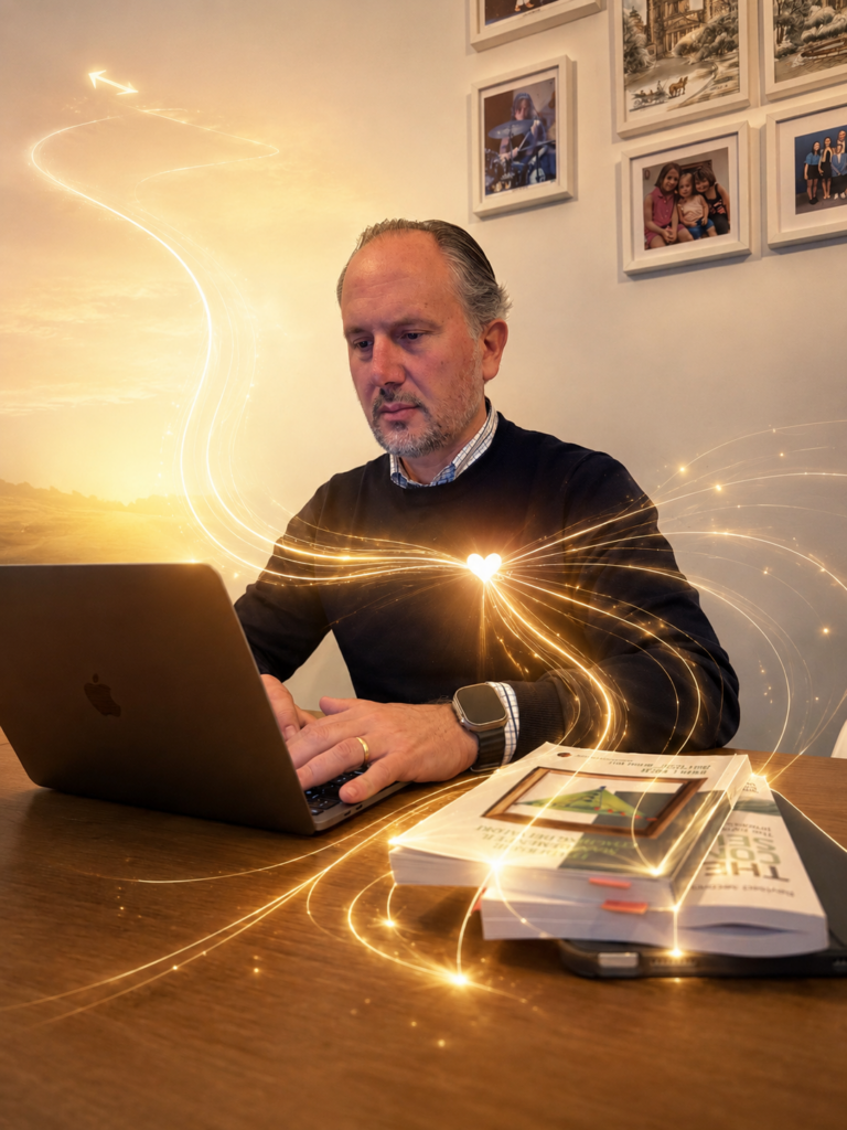 Business coach e consulente al lavoro davanti al laptop, in un ambiente professionale e personale, attraversato da una linea luminosa che rappresenta l’energia emotiva trasformata in pensiero, metodo e movimento intenzionale.