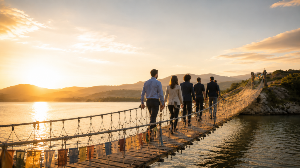 Un team attraversa insieme un ponte tibetano, simbolo della fiducia e dei valori condivisi che collegano persone, team e azienda verso obiettivi comuni