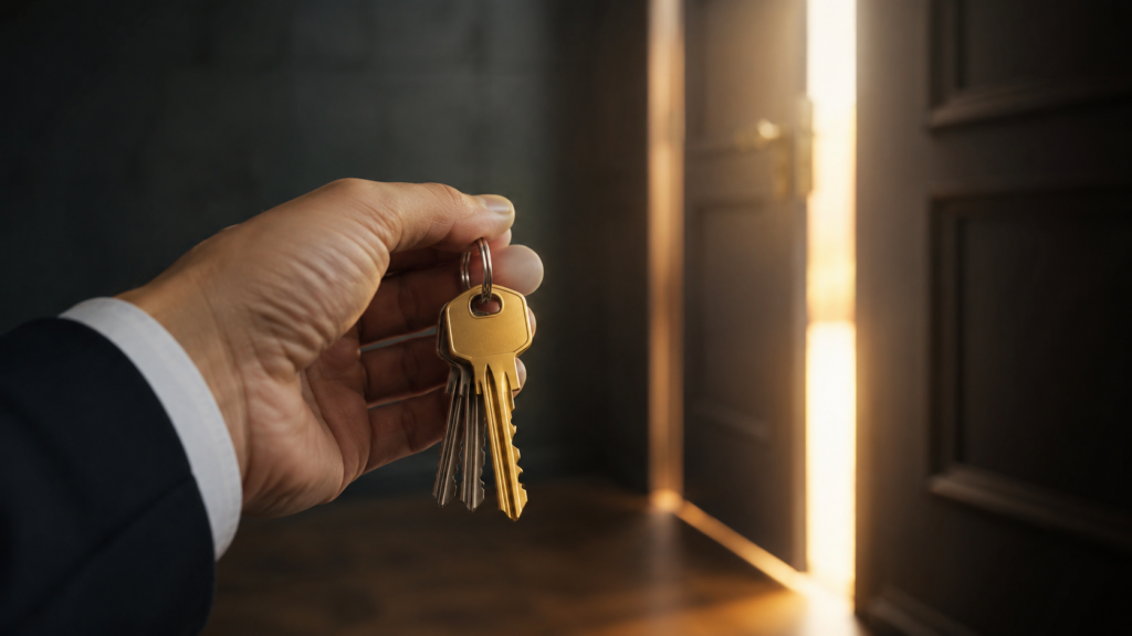 Mano che tiene un mazzo di chiavi davanti a una porta socchiusa illuminata, metafora del business coaching che aiuta il cliente a individuare la propria chiave di consapevolezza.