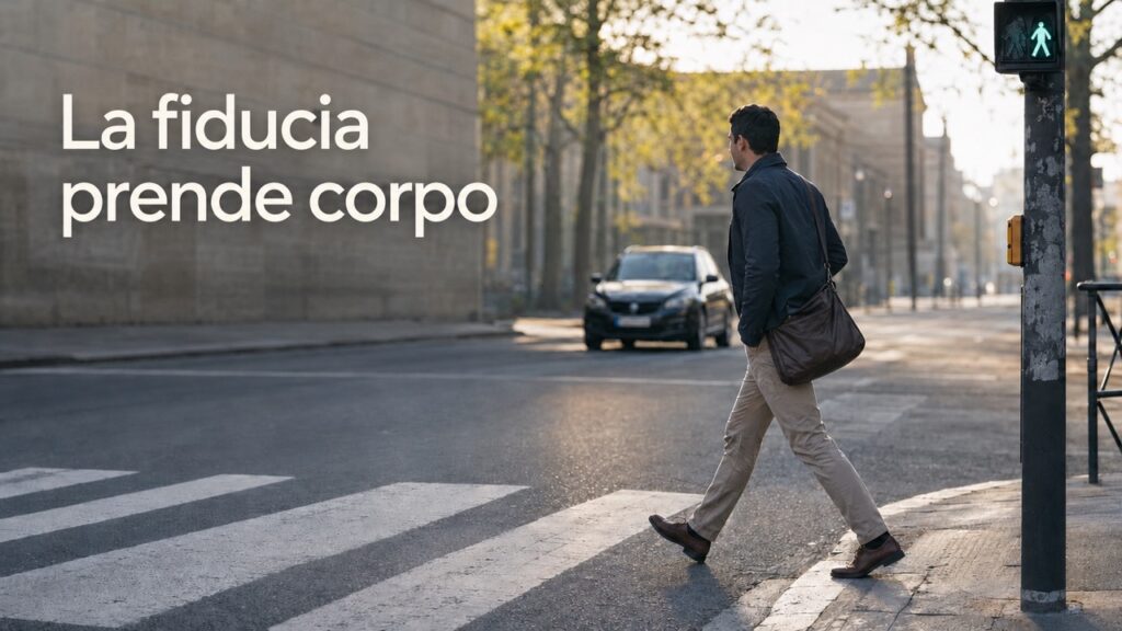 Persona in abbigliamento professionale attraversa sulle strisce pedonali con il semaforo verde, simbolo di fiducia nelle regole e negli altri. Titolo: “La fiducia prende corpo”.