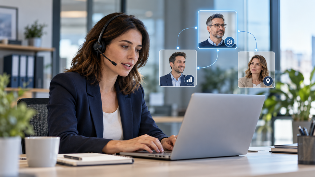 Operatrice Inside Sales al laptop con cuffie, mentre gestisce una richiesta e valuta lo specialista a cui indirizzare il cliente.