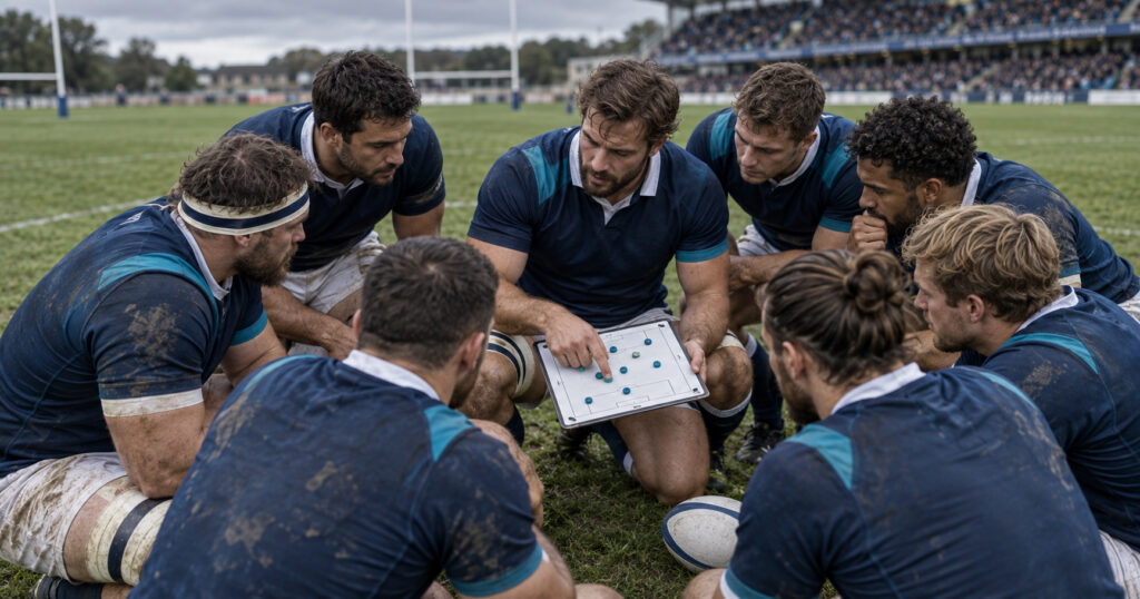 Team di rugby riunito in cerchio per un briefing tattico prima di riprendere il gioco